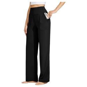 Willit Women Wide Leg Yoga Pants  2 sides  Pockets Stretch Loose Pants Black